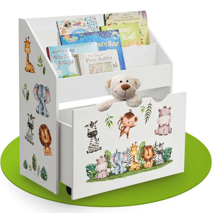 Bibliothèque pour enfants avec 3 compartiments et coffre à jouets coulissant