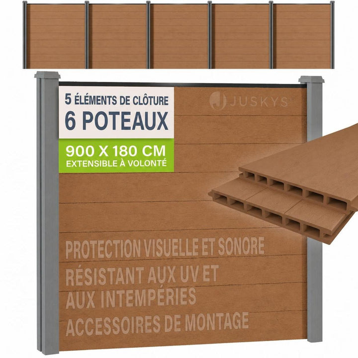 Clôture en WPC composée d'éléments et de poteaux