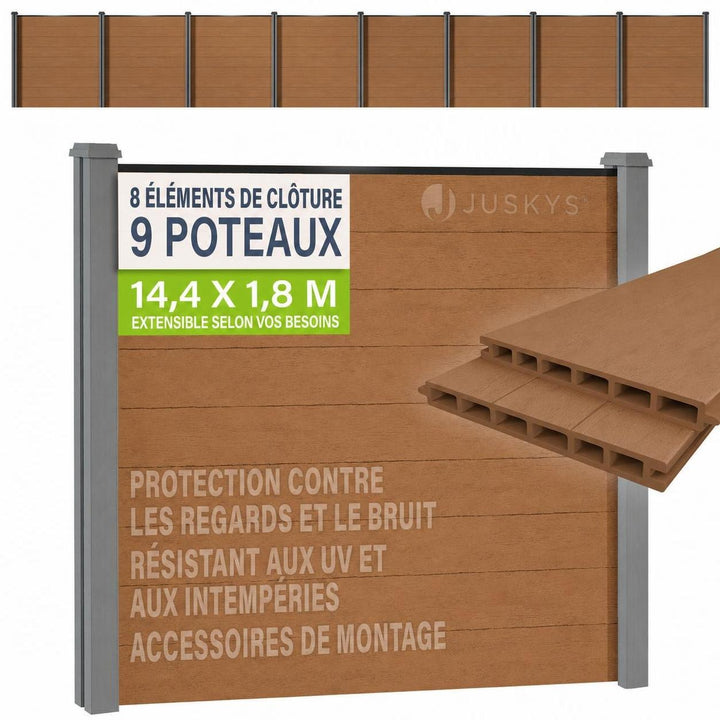 Clôture en WPC composée d'éléments et de poteaux