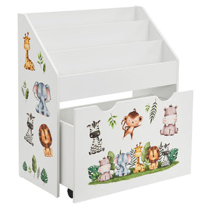 Bibliothèque pour enfants avec 3 compartiments et coffre à jouets coulissant