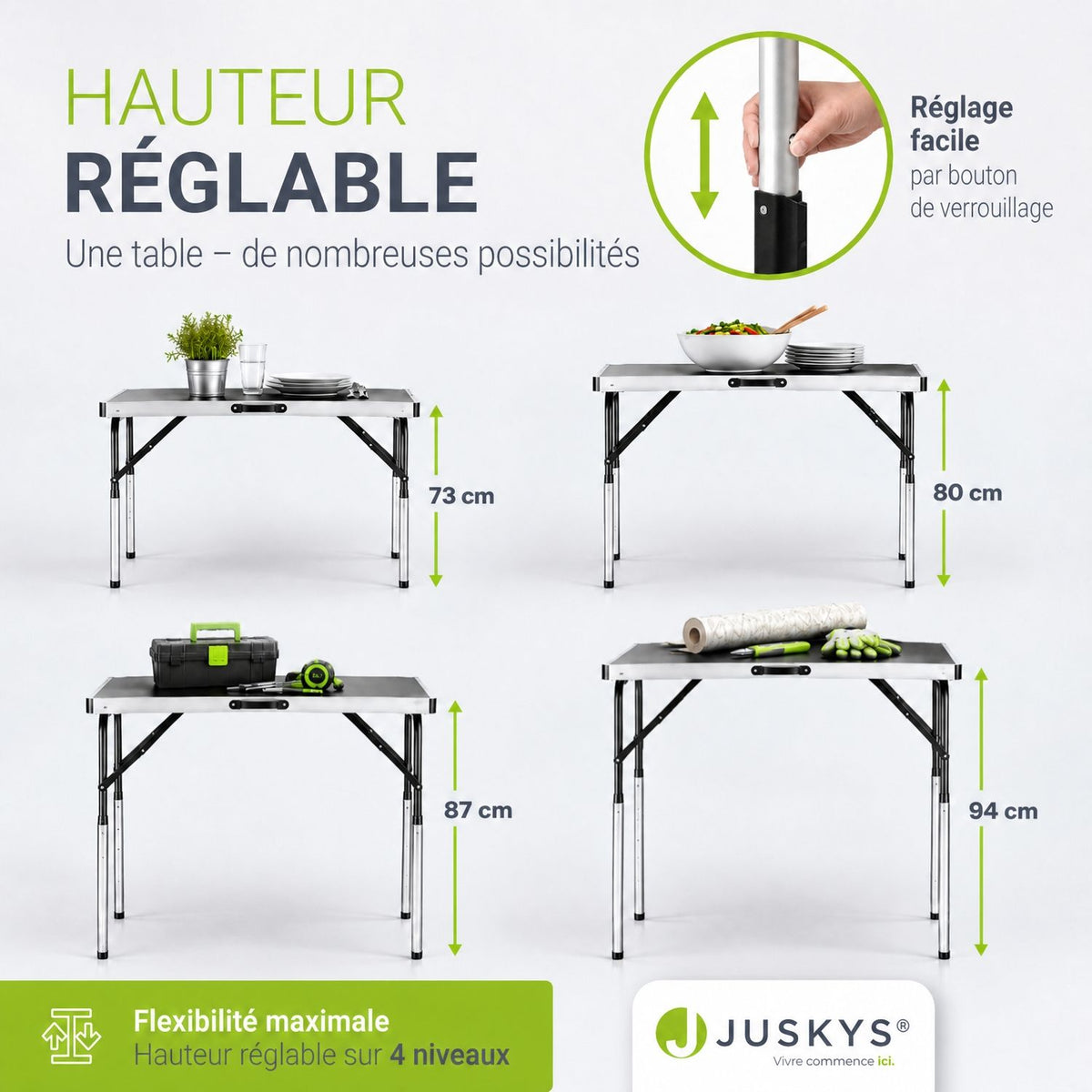 Table multifonctionnelle en aluminium en 3 parties