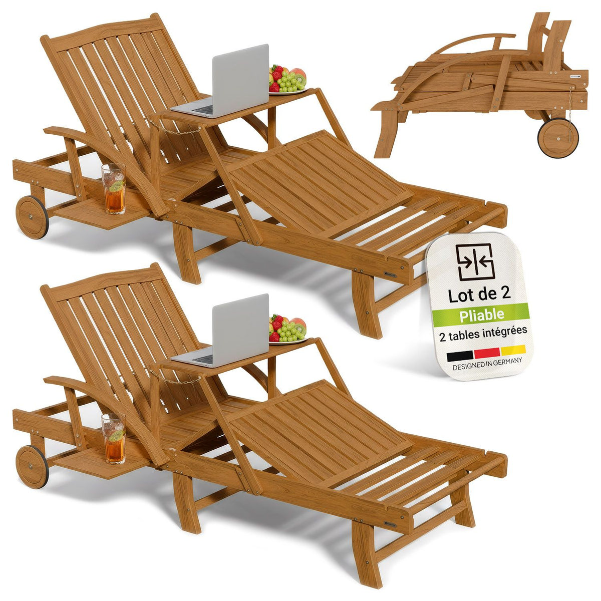 Chaise longue pliante de balcon SunScape en bois d'acacia