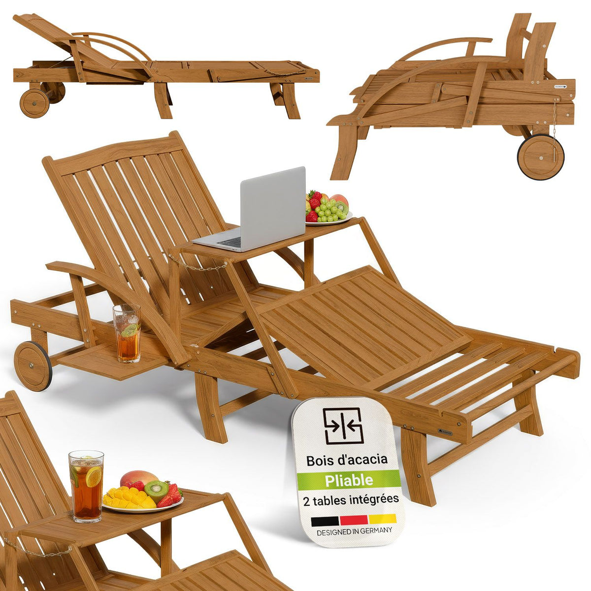 Chaise longue pliante de balcon SunScape en bois d'acacia
