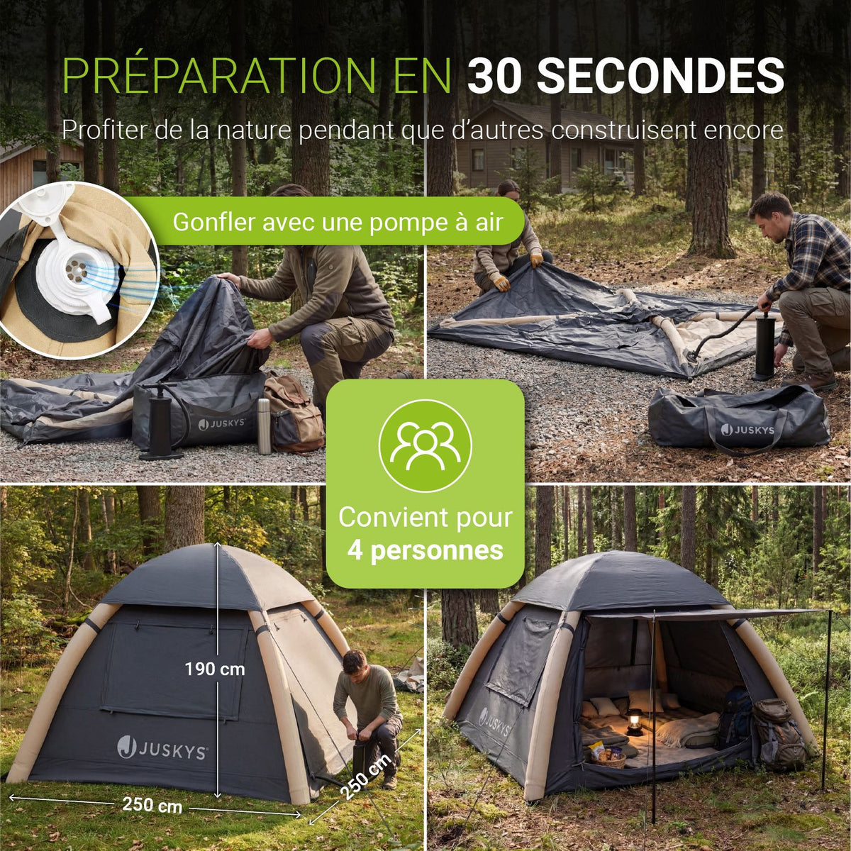 Tente gonflable avec accessoires pour 1 à 4 personnes