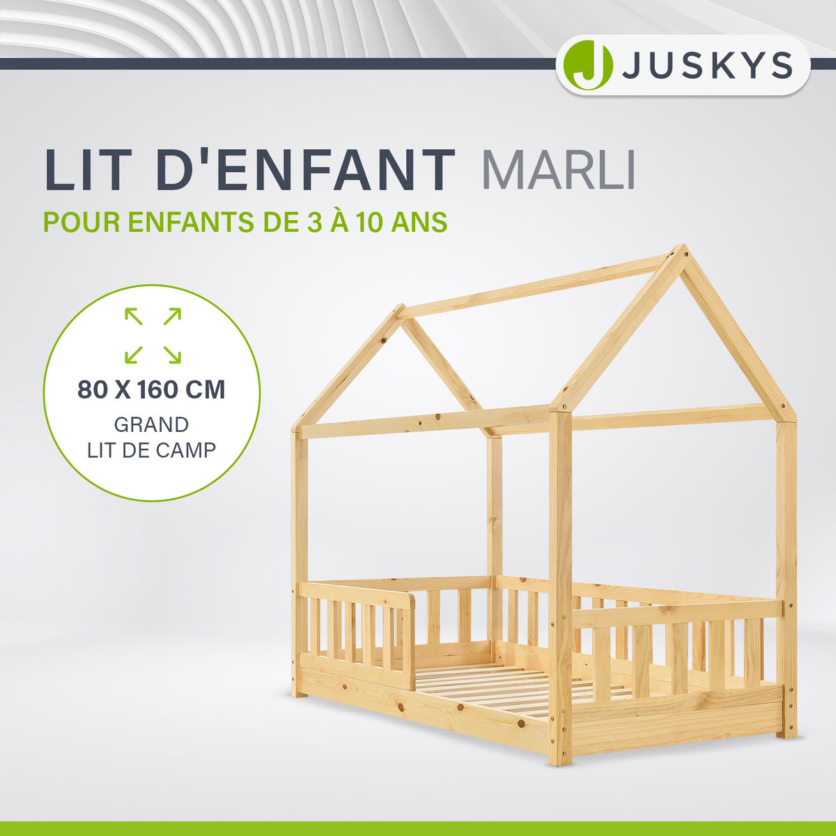 Lit enfant Marli 80 x 160 cm – lit cabane avec barrière et sommier à lattes