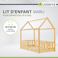 Lit enfant Marli 80 x 160 cm – lit cabane avec barrière et sommier à lattes