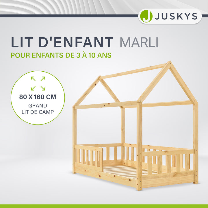 Lit enfant Marli 80 x 160 cm – lit cabane avec barrière et sommier à lattes