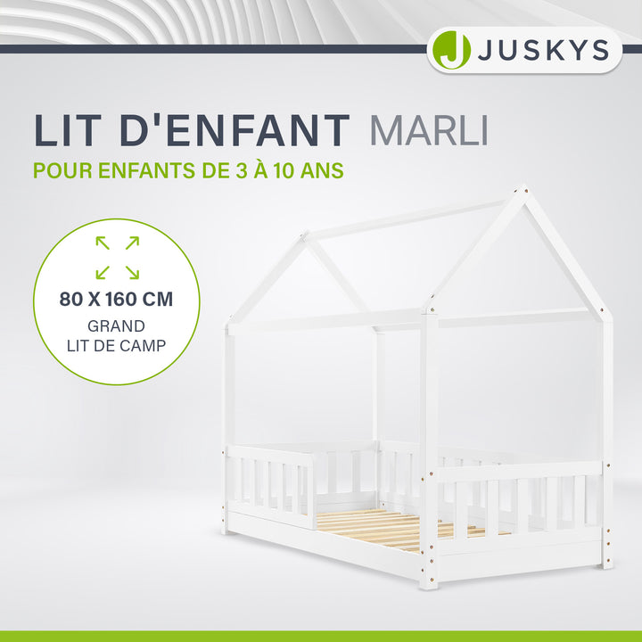 Lit enfant Marli 80 x 160 cm – lit cabane avec barrière et sommier à lattes