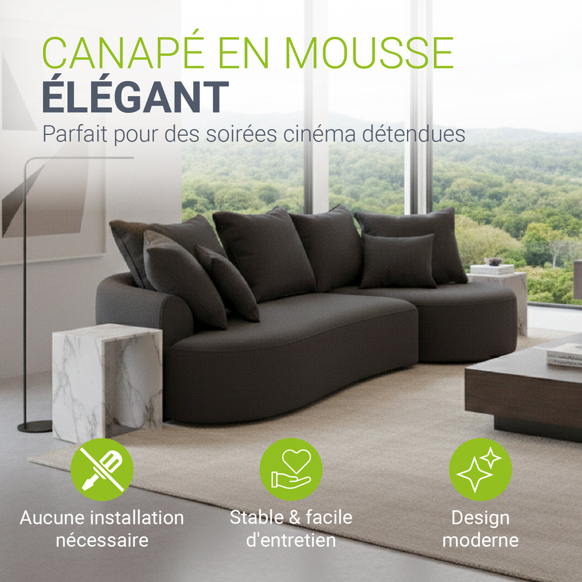 Canapé Tirano avec pouf et coussins décoratifs