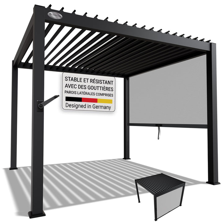 Pergola bioclimatique Tahiti 3 x 3 m avec 1 paroi latérale de 3 m