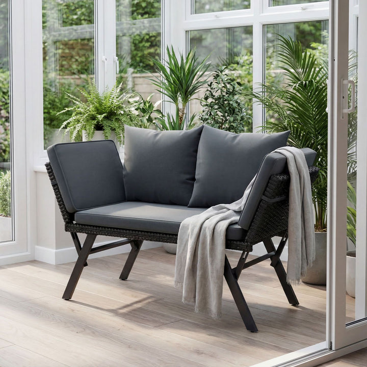 Polyrattan Multifunktionsbank Calvia Schwarz/Grau/Creme
