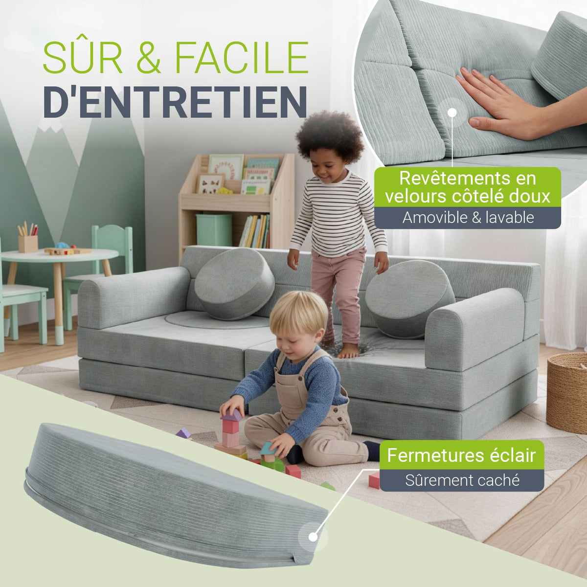 Canapé enfant Kayo avec revêtement en velours côtelé et coussins