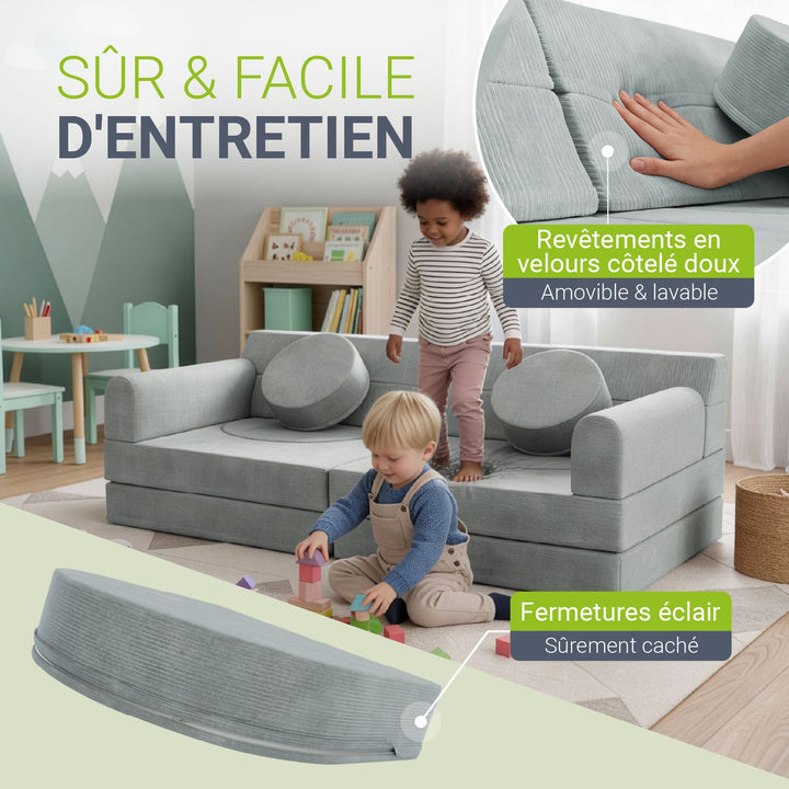 Canapé enfant Kayo avec revêtement en velours côtelé et coussins