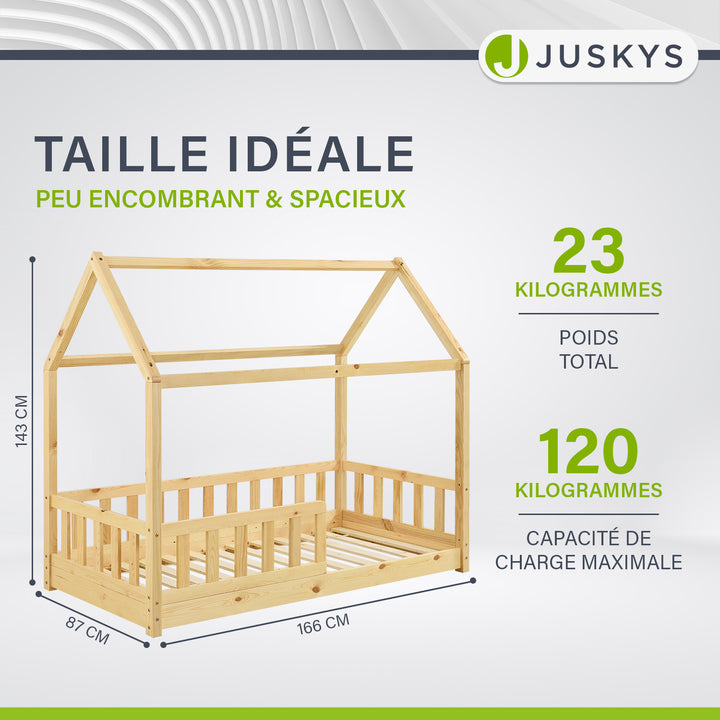 Lit enfant Marli 80 x 160 cm – lit cabane avec barrière et sommier à lattes