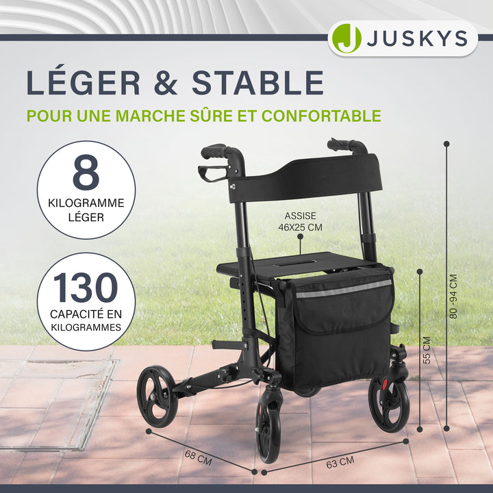 Déambulateur en aluminium Vital – pliable, avec siège et sac à provisions – jusqu'à 130 kg