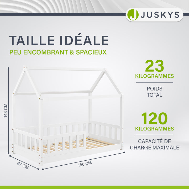 Lit enfant Marli 80 x 160 cm – lit cabane avec barrière et sommier à lattes