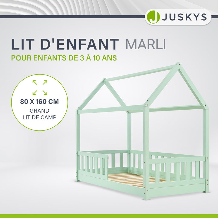 Lit enfant Marli 80 x 160 cm – lit cabane avec barrière et sommier à lattes