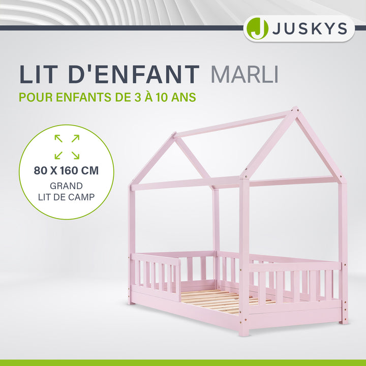 Lit enfant Marli 80 x 160 cm – lit cabane avec barrière et sommier à lattes