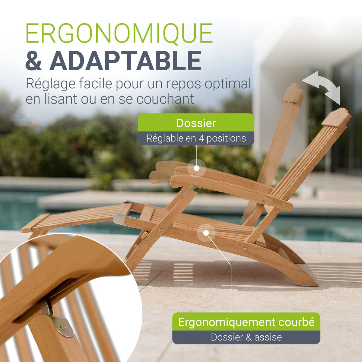 Bain de soleil de jardin résistant aux intempéries en bois huilé