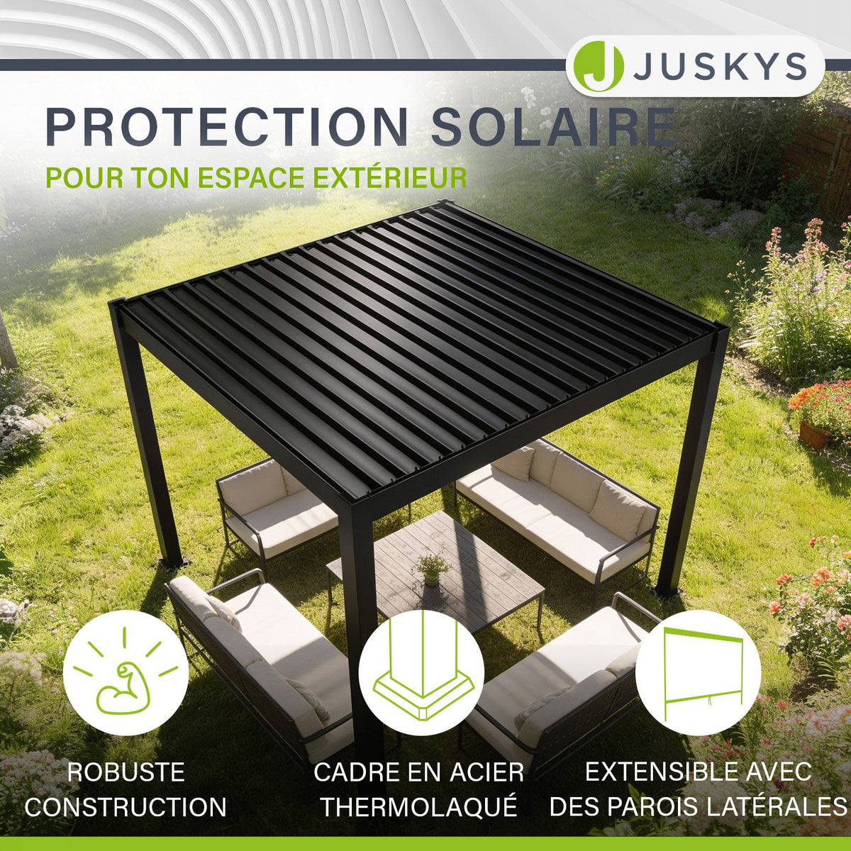 Pergola bioclimatique Tahiti 3 x 3 m avec 2x parois latérales 3 m