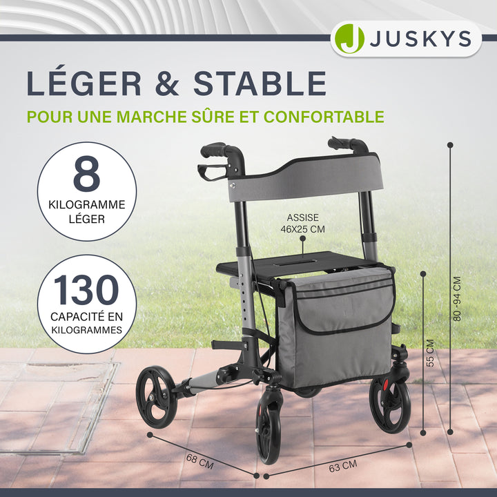 Déambulateur en aluminium Vital – pliable, avec siège et sac à provisions – jusqu'à 130 kg