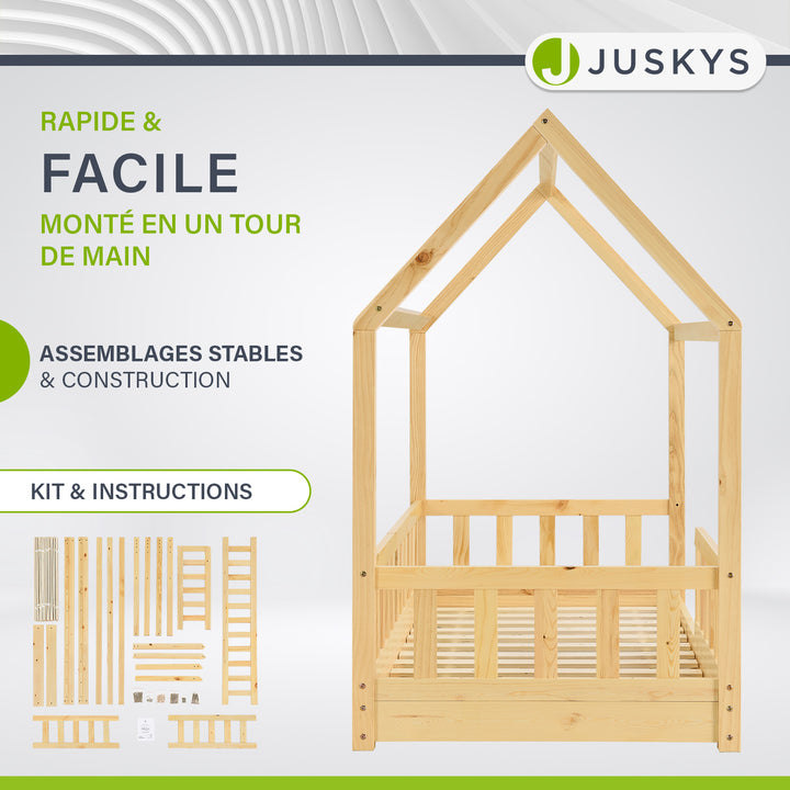 Lit enfant Marli 80 x 160 cm – lit cabane avec barrière et sommier à lattes