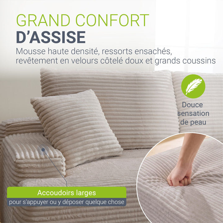 Canapé Coredo avec revêtement en velours côtelé et coussins décoratifs