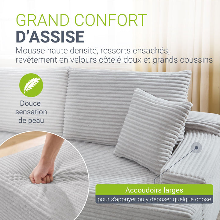 Canapé Coredo avec revêtement en velours côtelé et coussins décoratifs