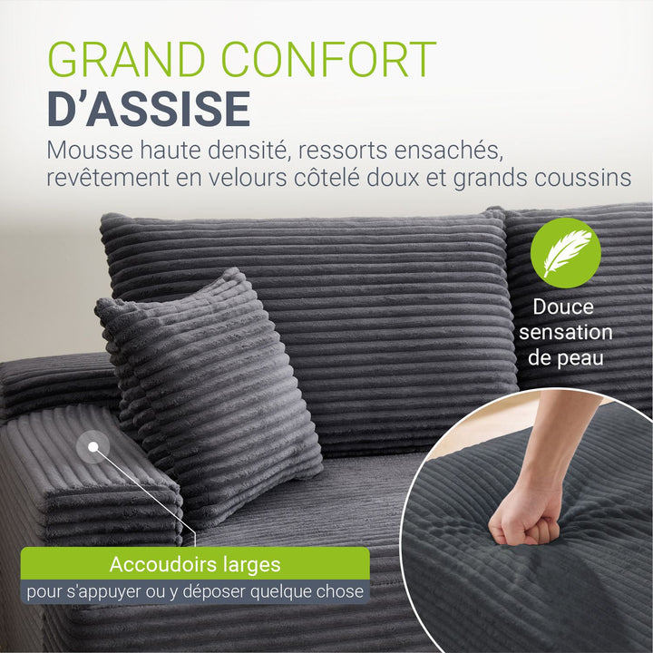 Canapé Coredo avec revêtement en velours côtelé et coussins décoratifs