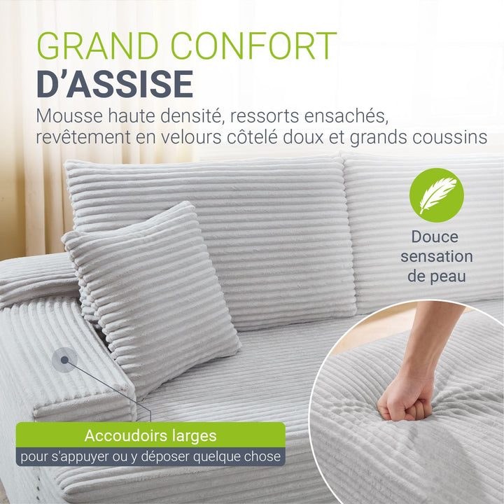 Canapé Coredo avec revêtement en velours côtelé et coussins décoratifs