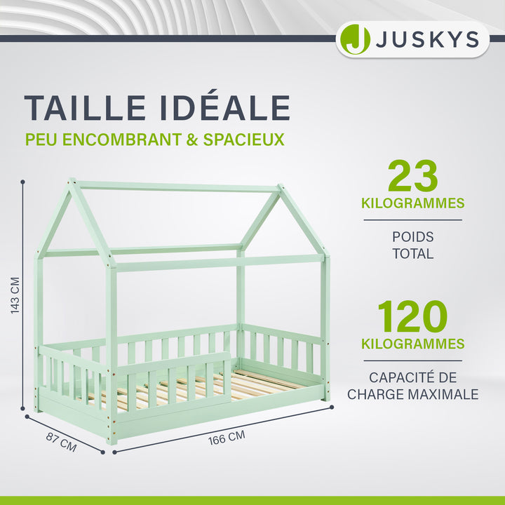 Lit enfant Marli 80 x 160 cm – lit cabane avec barrière et sommier à lattes