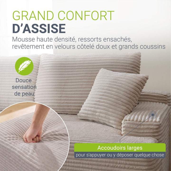 Canapé Coredo avec revêtement en velours côtelé et coussins décoratifs