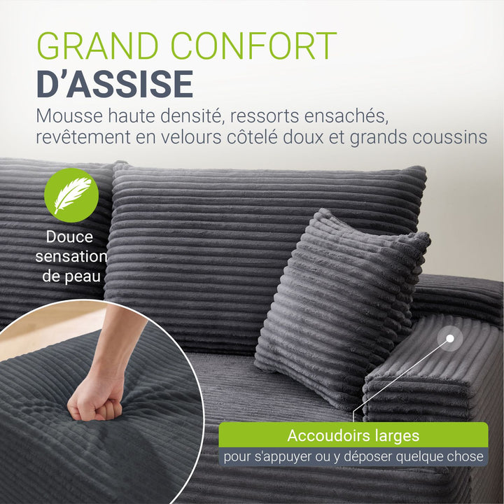 Canapé Coredo avec revêtement en velours côtelé et coussins décoratifs
