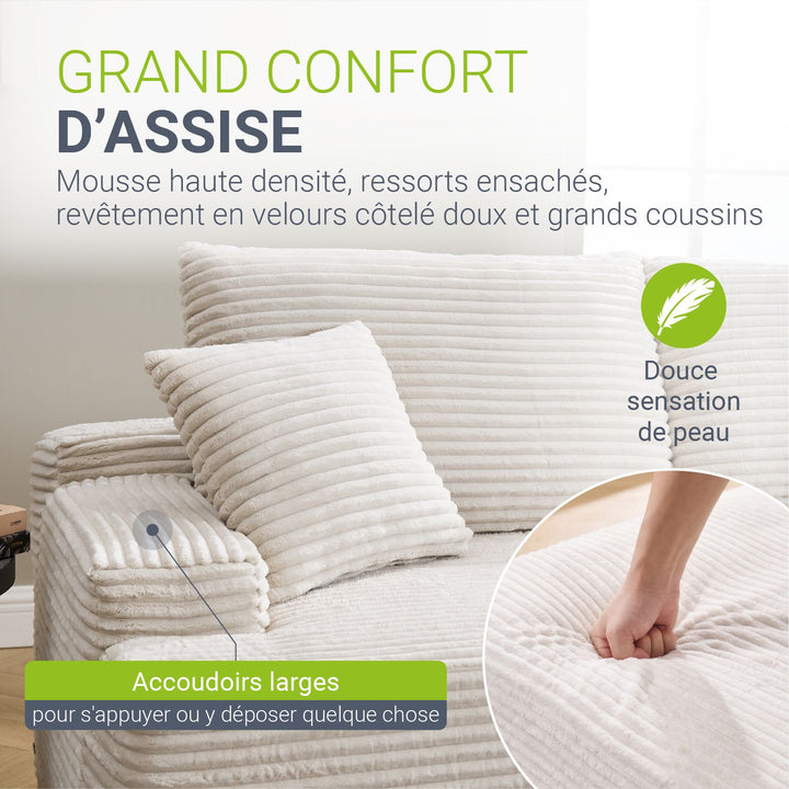 Canapé Coredo avec revêtement en velours côtelé et coussins décoratifs