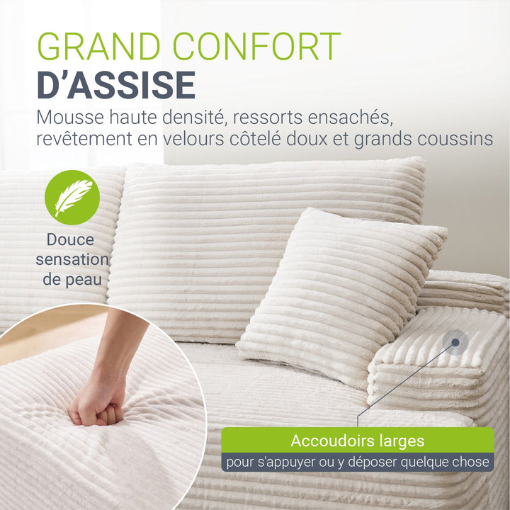 Canapé Coredo avec revêtement en velours côtelé et coussins décoratifs