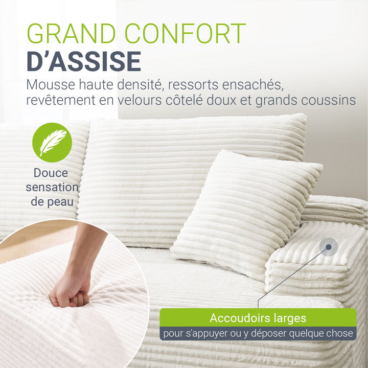Canapé Coredo avec revêtement en velours côtelé et coussins décoratifs