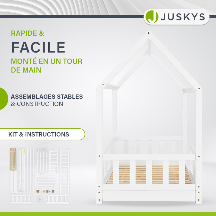 Lit enfant Marli 80 x 160 cm – lit cabane avec barrière et sommier à lattes