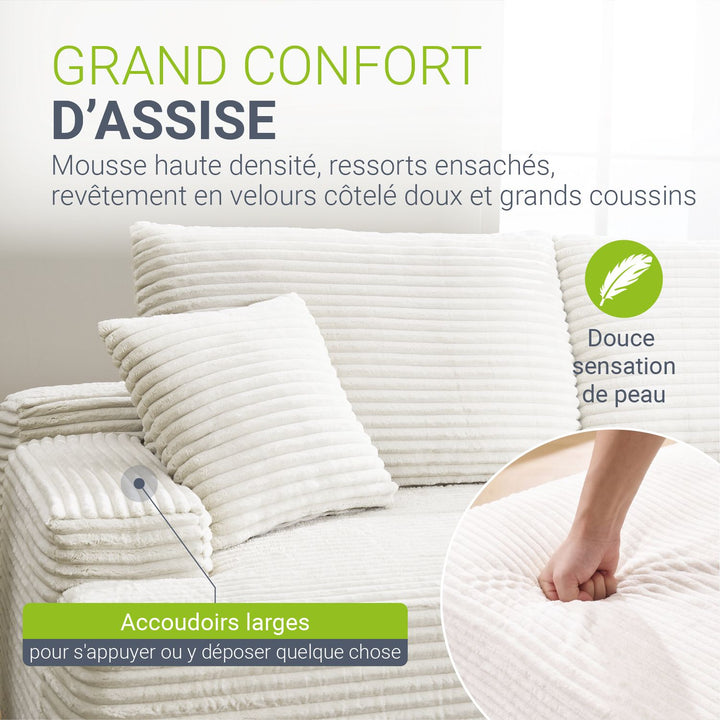 Canapé Coredo avec revêtement en velours côtelé et coussins décoratifs