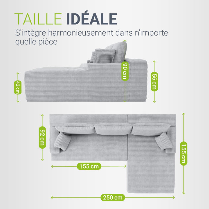 Canapé Coredo avec revêtement en velours côtelé et coussins décoratifs
