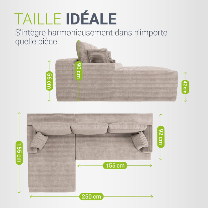 Canapé Coredo avec revêtement en velours côtelé et coussins décoratifs