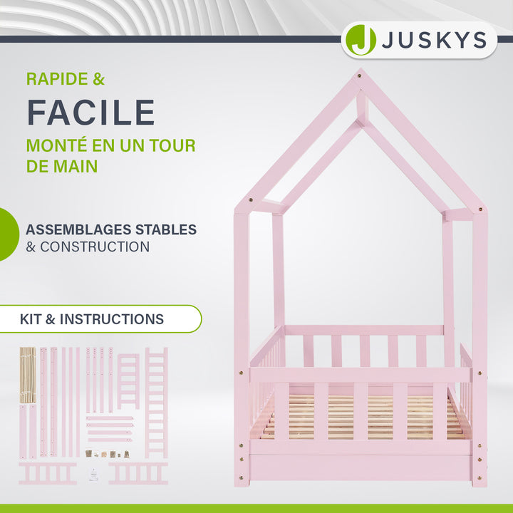 Lit enfant Marli 80 x 160 cm – lit cabane avec barrière et sommier à lattes