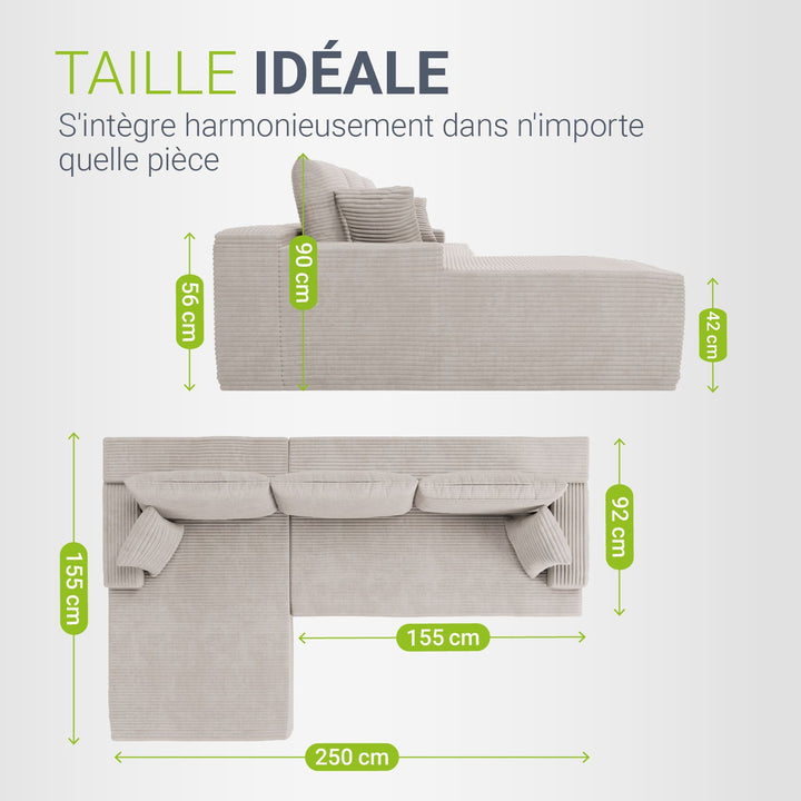 Canapé Coredo avec revêtement en velours côtelé et coussins décoratifs