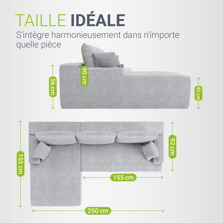 Canapé Coredo avec revêtement en velours côtelé et coussins décoratifs