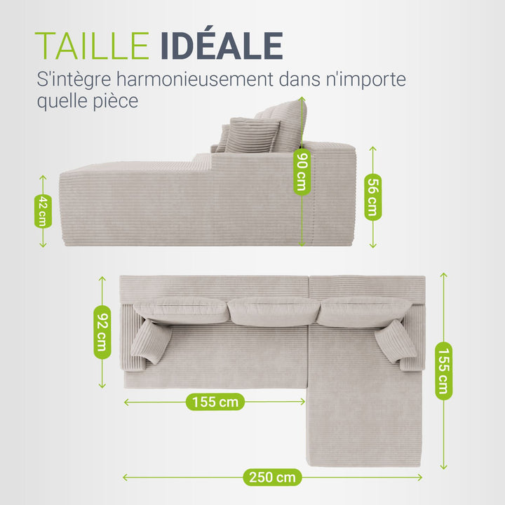 Canapé Coredo avec revêtement en velours côtelé et coussins décoratifs
