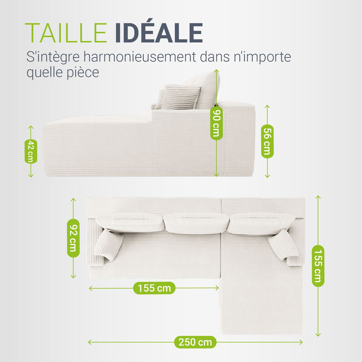 Canapé Coredo avec revêtement en velours côtelé et coussins décoratifs