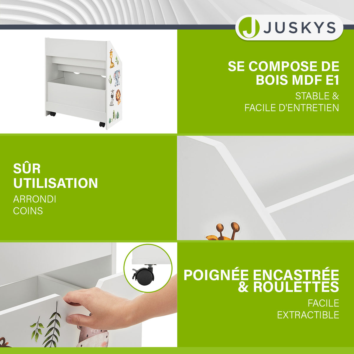Bibliothèque pour enfants avec 3 compartiments et coffre à jouets coulissant