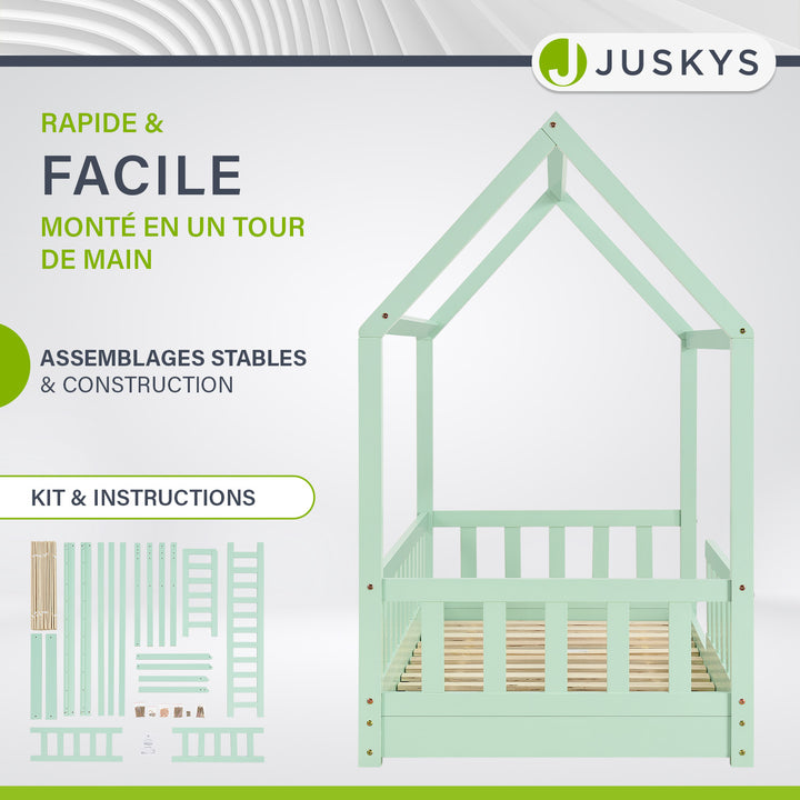 Lit enfant Marli 80 x 160 cm – lit cabane avec barrière et sommier à lattes