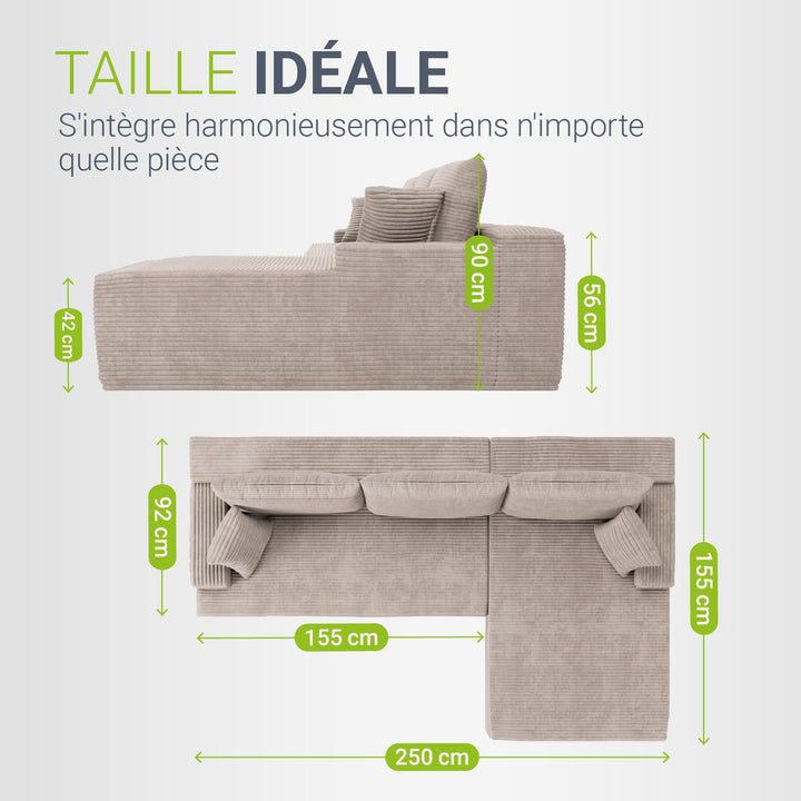 Canapé Coredo avec revêtement en velours côtelé et coussins décoratifs