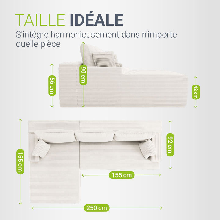 Canapé Coredo avec revêtement en velours côtelé et coussins décoratifs