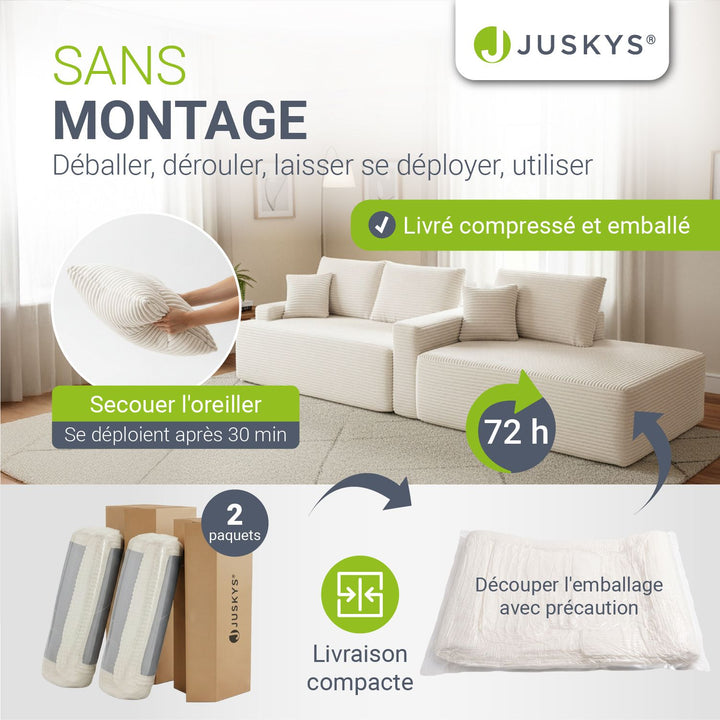Canapé Coredo avec revêtement en velours côtelé et coussins décoratifs
